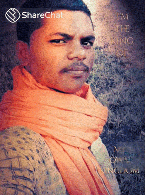 a man with a scarf around his neck has a sharechat icon on his face