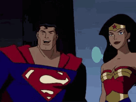 superman and wonder woman standing next to each other in a cartoon