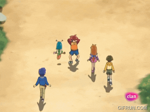 a group of cartoon characters are walking down a dirt road with a gifrun.com watermark