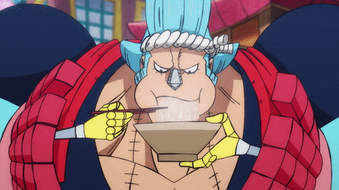 franky from one piece is eating a bowl of food