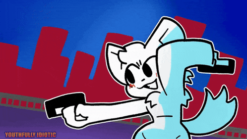 a cartoon drawing of a cat holding a gun with youthfully idiotic written on the bottom