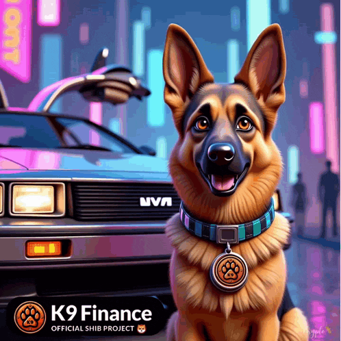 a german shepherd is sitting in front of a car that says k9 finance on it