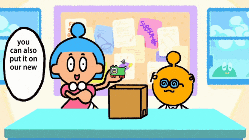 a cartoon character says you can also put it on our new in front of a board