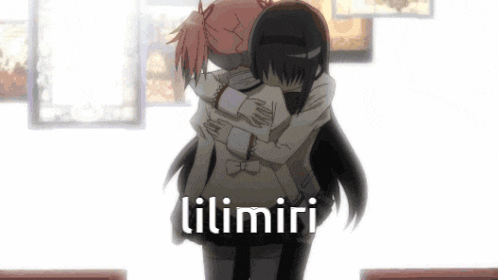 a couple of anime girls hugging each other with the words lilimiri written on the bottom
