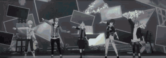a group of people are dancing on a stage in front of a large screen .