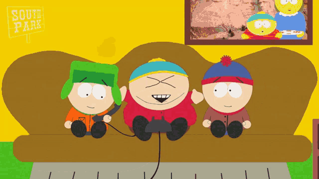 three south park characters sitting on a couch