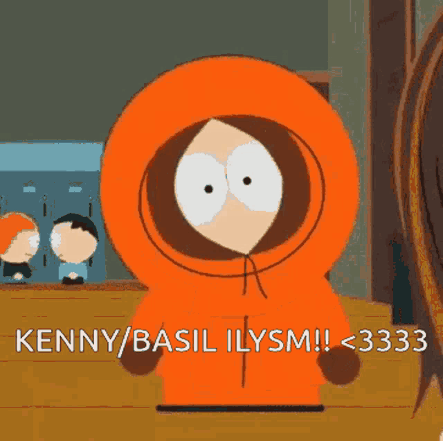 kenny from south park is wearing an orange jacket