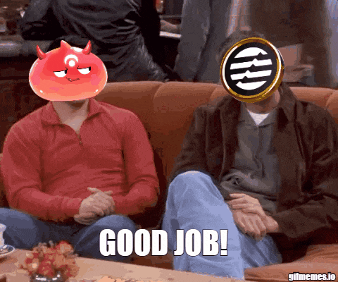 two men are sitting on a couch and one has a devil on his head and the other has the word good job on his head