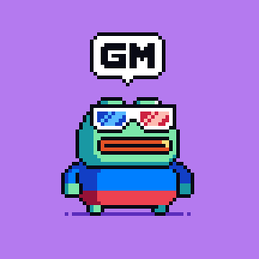 a pixel art of a frog wearing 3d glasses with the word gm above it