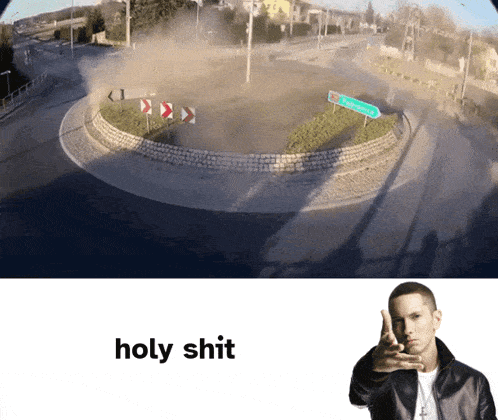 a picture of a roundabout and a picture of eminem with the words holy shit below it