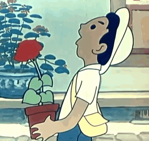 a cartoon boy is holding a potted plant and looking up at it