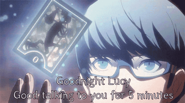 a man with glasses is holding a card that says goodnight lucy