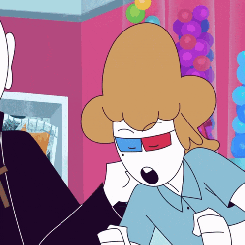 a cartoon character wearing 3d glasses is talking to another cartoon character