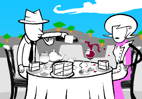 a man is pouring wine into a glass while a woman watches