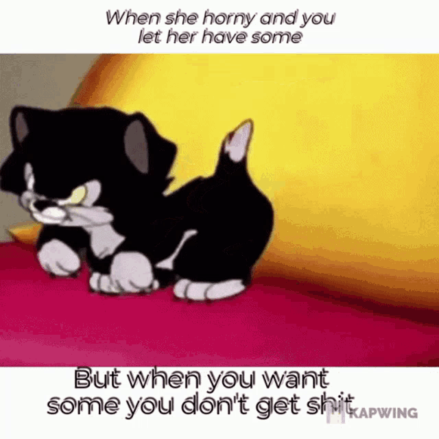 a cartoon cat is laying on a bed with the words `` when she horny and you let her have some '' written on it .