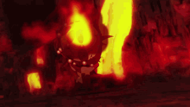 a cartoon character with pearls around his neck is standing in front of a fire