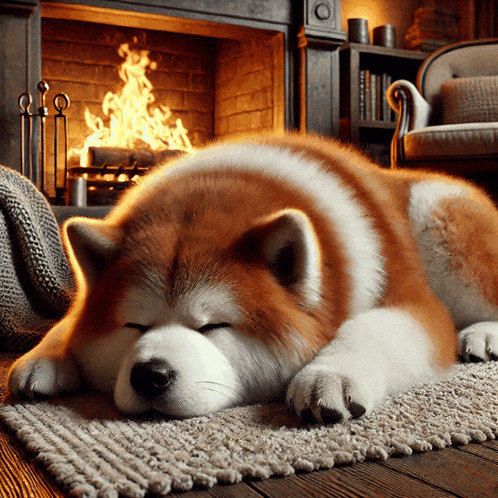 a brown and white dog is laying on a rug in front of a fireplace