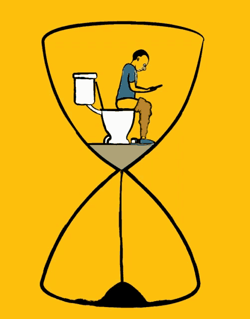 a man is sitting on a toilet inside of an hourglass