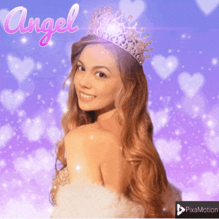 a woman wearing a tiara with the word angel on the bottom