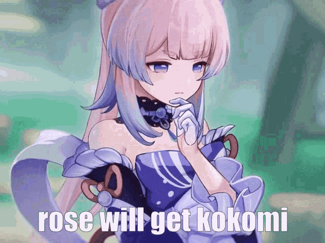 a girl in a purple dress with the words " rose will get kokomi "