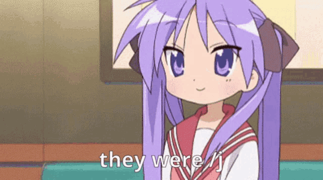 a cartoon girl with purple hair is sitting on a bench and saying they were j