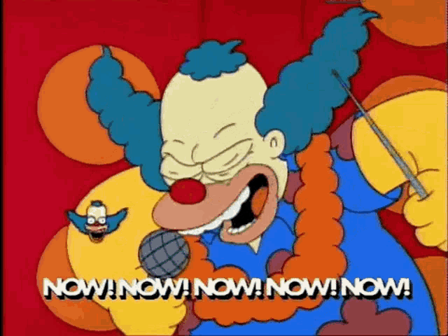 a cartoon clown is singing into a microphone while holding a stick .