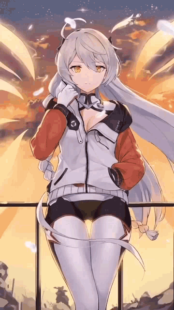 a girl with long white hair is standing on a balcony with a sunset in the background .