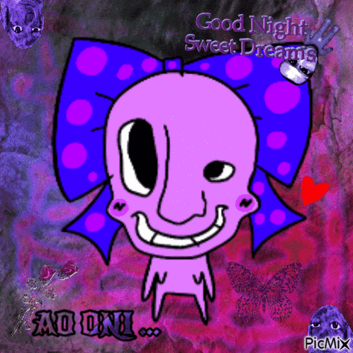 a cartoon character with a purple bow and the words good night sweet dreams on the bottom