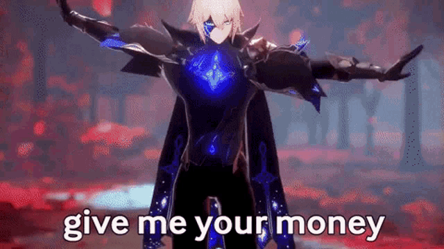 a video game character is saying `` give me your money '' while standing in a dark forest .