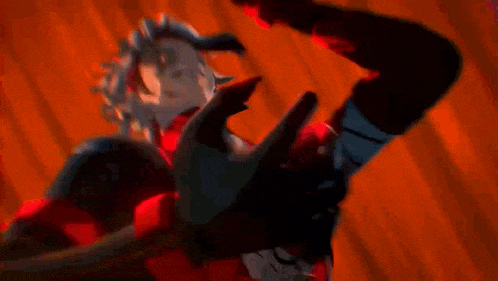 a close up of a person 's face in a video game with red eyes and a red suit .