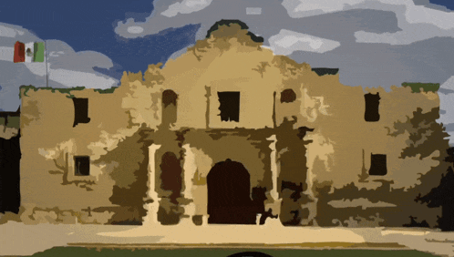 a painting of a building with a mexican flag flying in the background