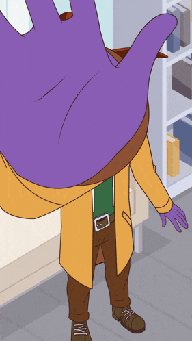 a cartoon character with a purple hand on his head