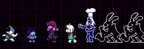 a group of pixel art characters standing next to each other on a grid background .