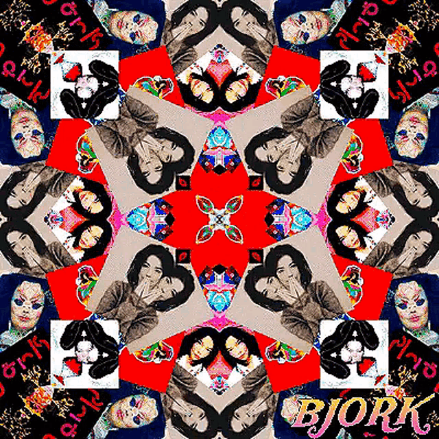 a colorful kaleidoscope with the name bjork on the bottom right