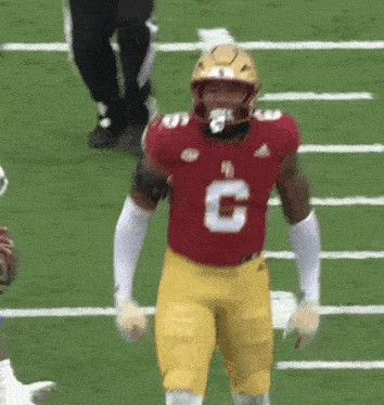 a football player wearing a red jersey with the number 6 on it is standing on the field .