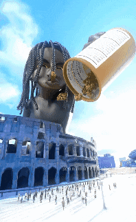 a statue of a woman with dreadlocks is pouring a bottle of pills into a coliseum