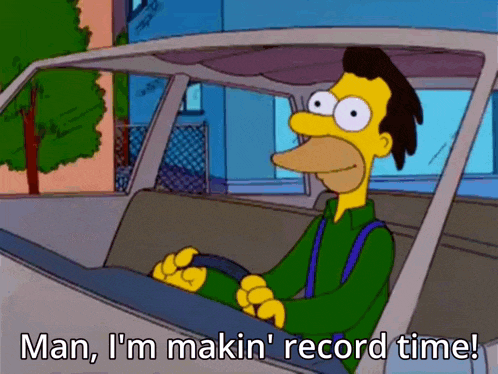 a man in a green shirt is driving a car and says man i 'm makin ' record time