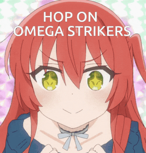 a red haired anime girl with the words hop on omega strikers written above her