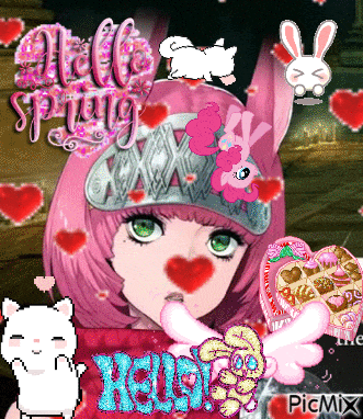 a picture of a girl with pink hair and the words hello spring behind her