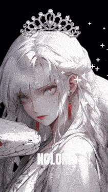 a girl with white hair and a tiara is holding a snake and the word nolori is on the bottom right