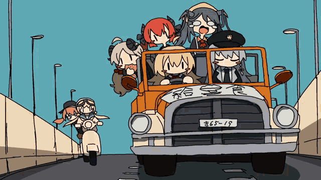 a cartoon drawing of a group of girls riding in a truck