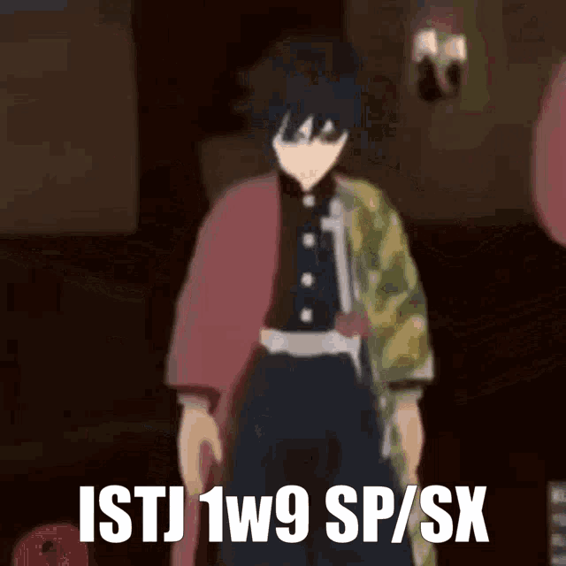a cartoon character is standing in a dark room with the words istj 1w9 sp / sx above him .
