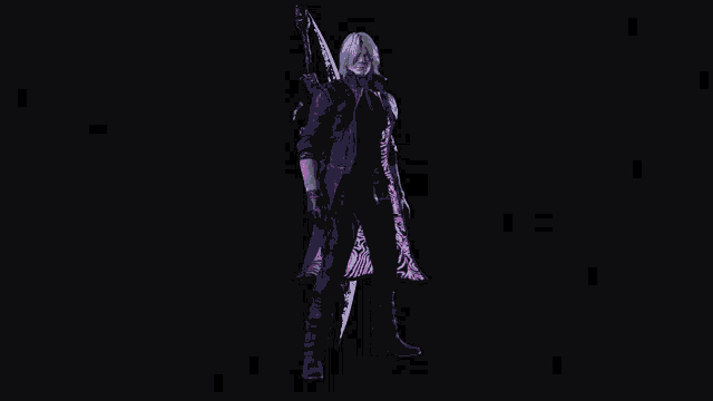 a man with white hair is holding a purple and blue sword in his right hand