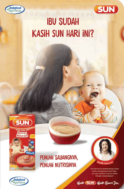 a woman kisses a baby on the cheek in an advertisement for sun