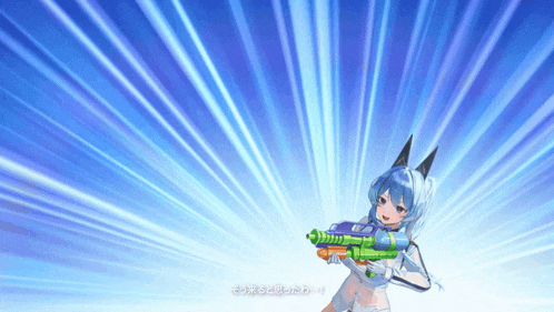 a girl with blue hair is holding a water gun in her hand