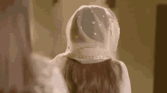 a woman wearing a white veil on her head