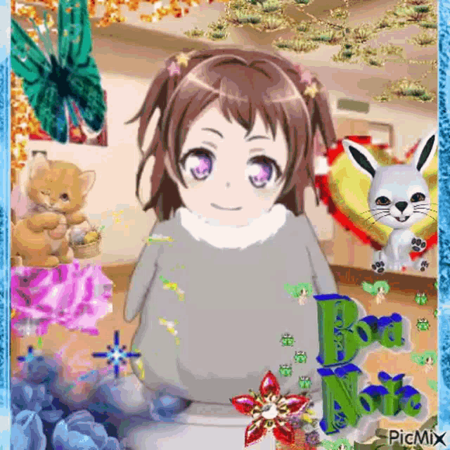 a little girl is standing in a room with a cat and a bunny .