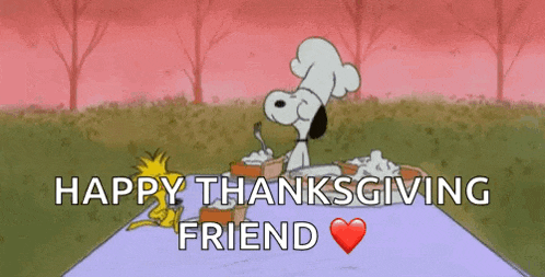 a cartoon of snoopy and woodstock sitting on a picnic blanket with the words happy thanksgiving friend below them .