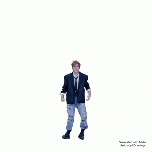 a man in a suit and tie is dancing with his arms in the air