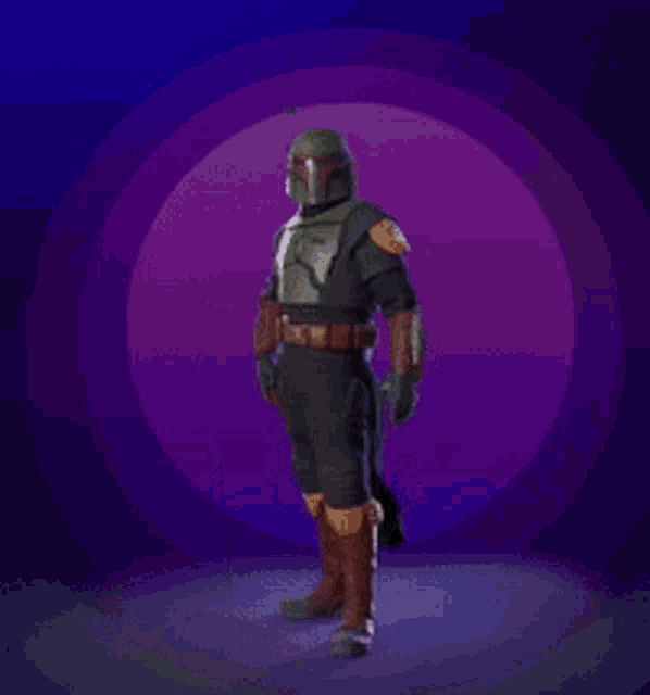 boba fett from star wars is holding a sword in his right hand
